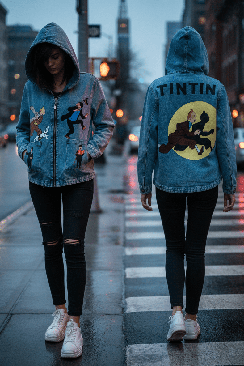 نقاشی تنتن روی سوییشرت جین – خاص برای طرفدارهای ماجراجویی 1 نقاشی تنتن روی سوییشرت جین – نمای کامل