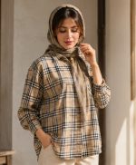 مانتو چهارخونه قهوه‌ای کتان بلند