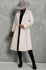 پالتو بلند زنانه رنگ کرم در سه سایز اسما مدیوم و لارج