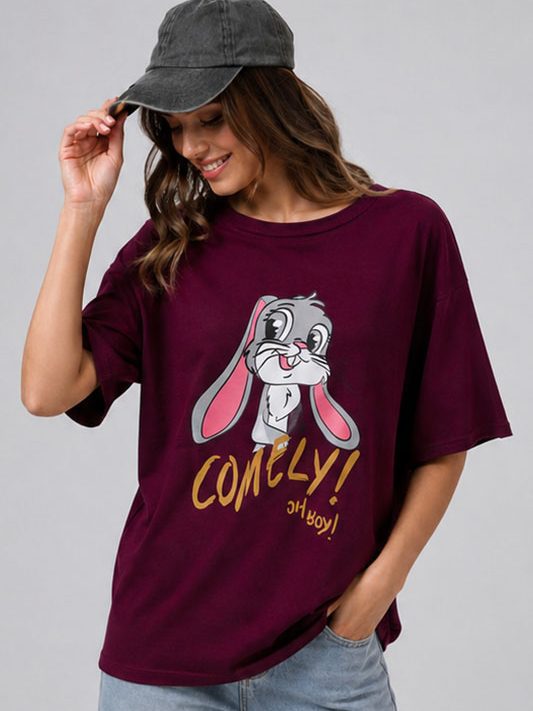 تیشرت زنانه زرشکی خرگوش چاپی COMELY Oh Boy! فری سایز
